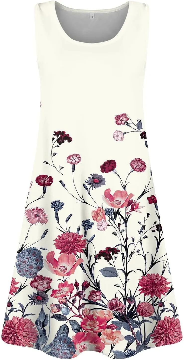 Yesunpxs Women Summer Dresses Loose Sleeveless Mini Dress Casual Beach Sundresses Printed Tshirt Tank Dresses with Pockets