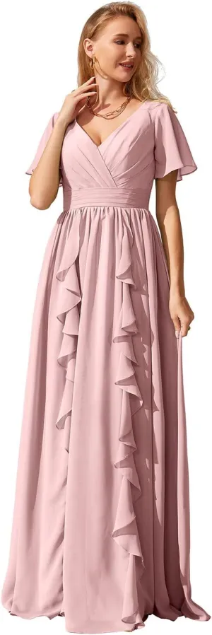 YMFFW Modest Bridesmaid Dresses with Sleeves Chiffon V-Neck Long Gowns and Evening Dresses for Wedding