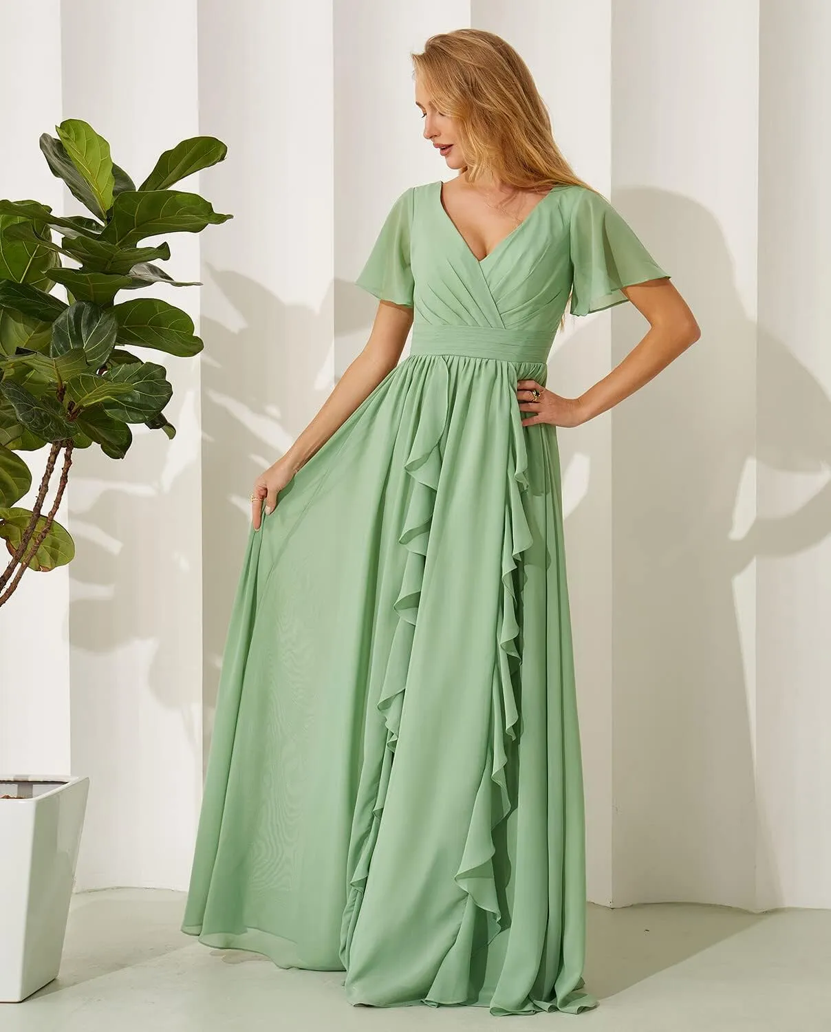 YMFFW Modest Bridesmaid Dresses with Sleeves Chiffon V-Neck Long Gowns and Evening Dresses for Wedding