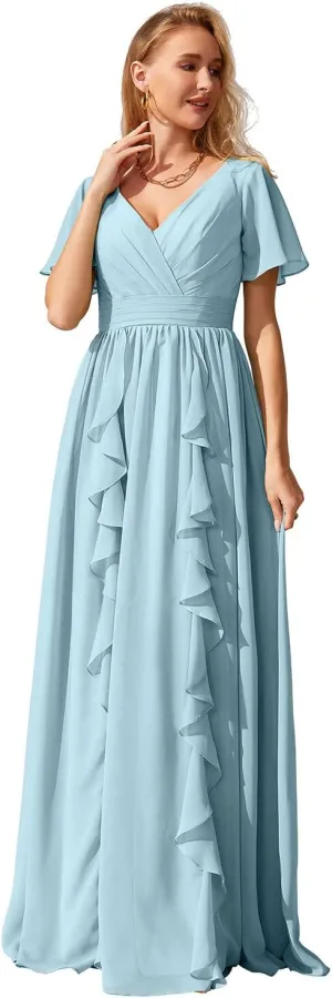 YMFFW Modest Bridesmaid Dresses with Sleeves Chiffon V-Neck Long Gowns and Evening Dresses for Wedding