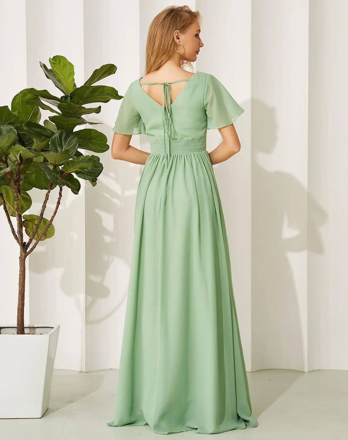 YMFFW Modest Bridesmaid Dresses with Sleeves Chiffon V-Neck Long Gowns and Evening Dresses for Wedding