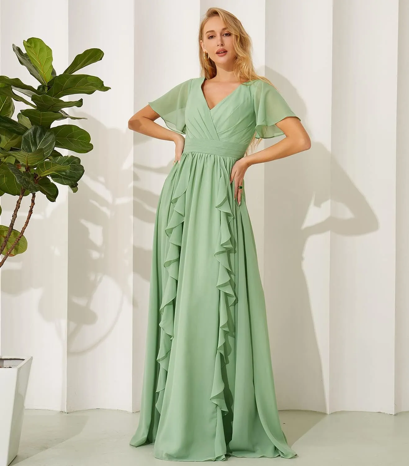 YMFFW Modest Bridesmaid Dresses with Sleeves Chiffon V-Neck Long Gowns and Evening Dresses for Wedding