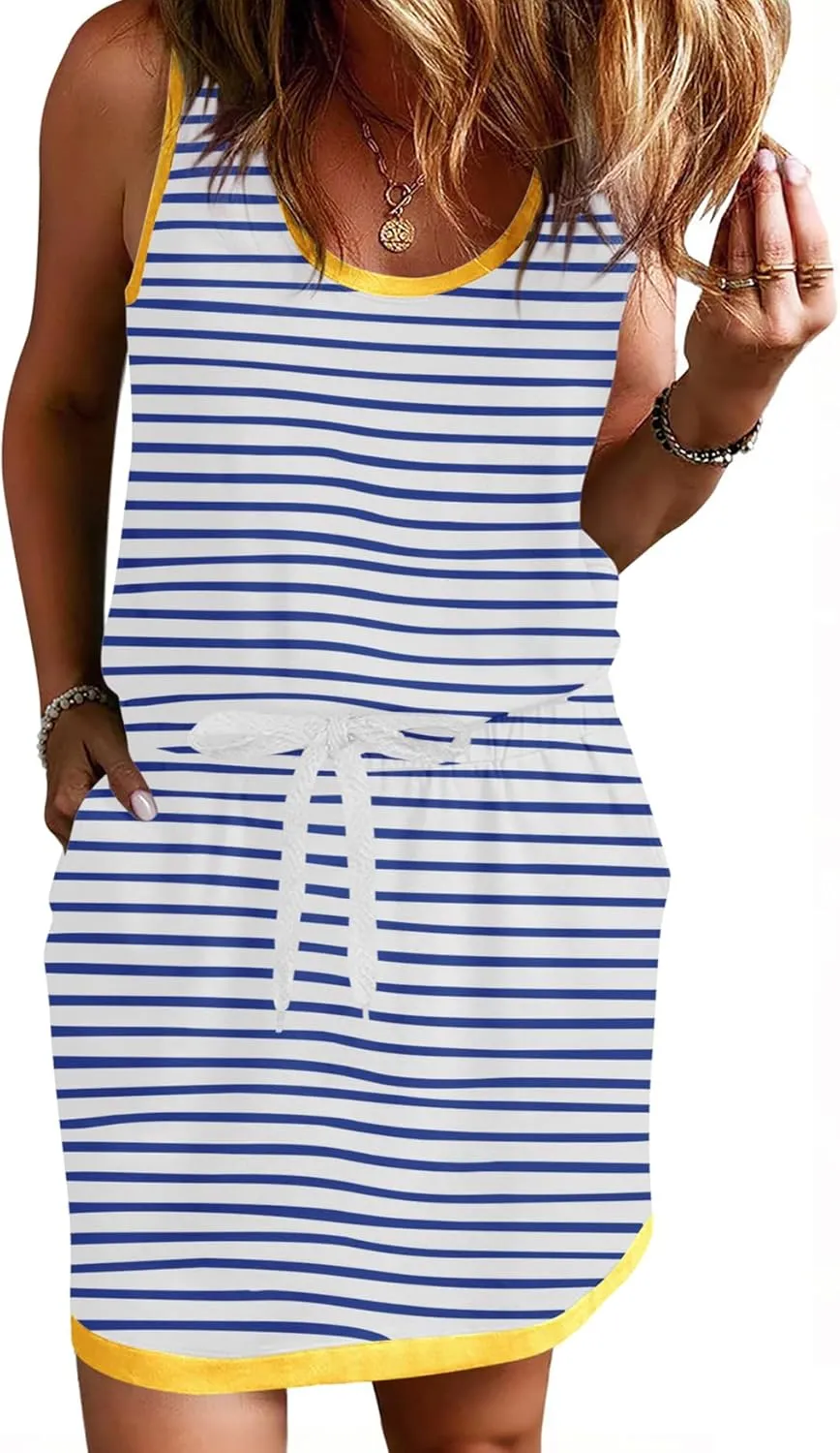 Yousify Cotton Summer Dresses for Women Striped Dress Drawstring Waist Casual Tank Mini Dresses with Pockets