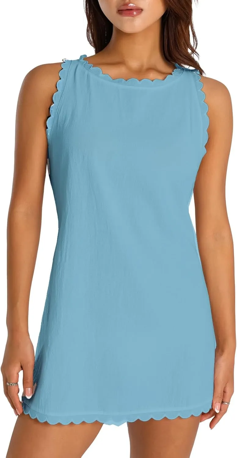 Yuemengxuan Womens Sleeveless Tank Dress V-Neck Scallop 2025 Summer Dresses Back Zipper Linen Casual Beach Sundress