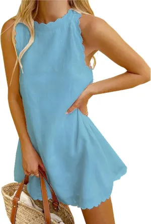 Yuemengxuan Womens Sleeveless Tank Dress V-Neck Scallop 2025 Summer Dresses Back Zipper Linen Casual Beach Sundress
