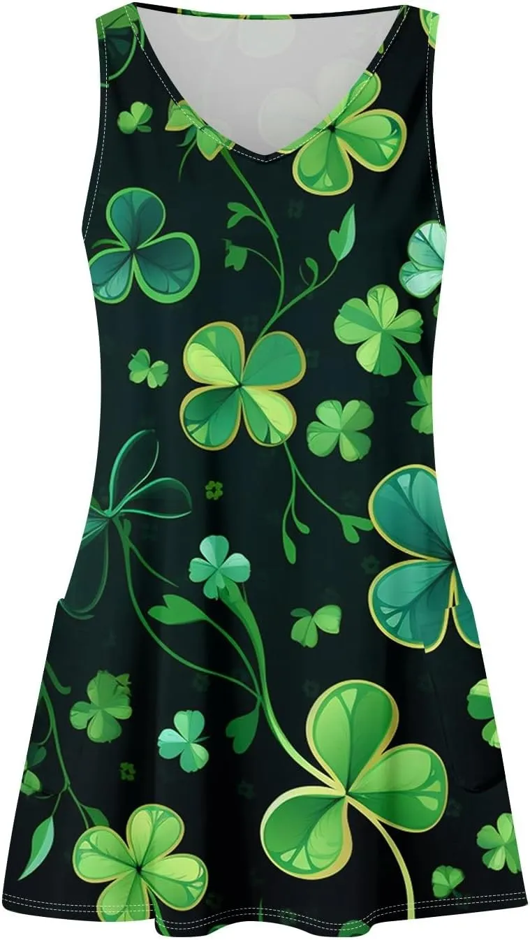 YUTANRAL Summer Dresses for Women 2025 Trendy St Patricks Day Shamrock Print Sleeveless Tank Sundersses with Pockets