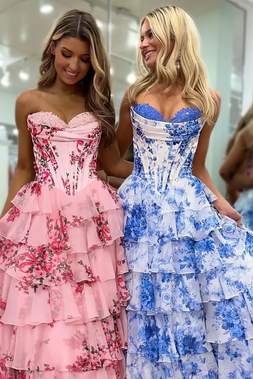 Yuxin Tiered Floral Print Prom Dresses Long Ball Gown Strapless A Line Formal Evening Party Gowns with Slit