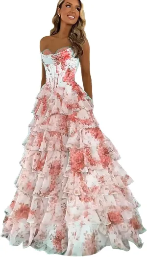 Yuxin Tiered Floral Print Prom Dresses Long Ball Gown Strapless A Line Formal Evening Party Gowns with Slit