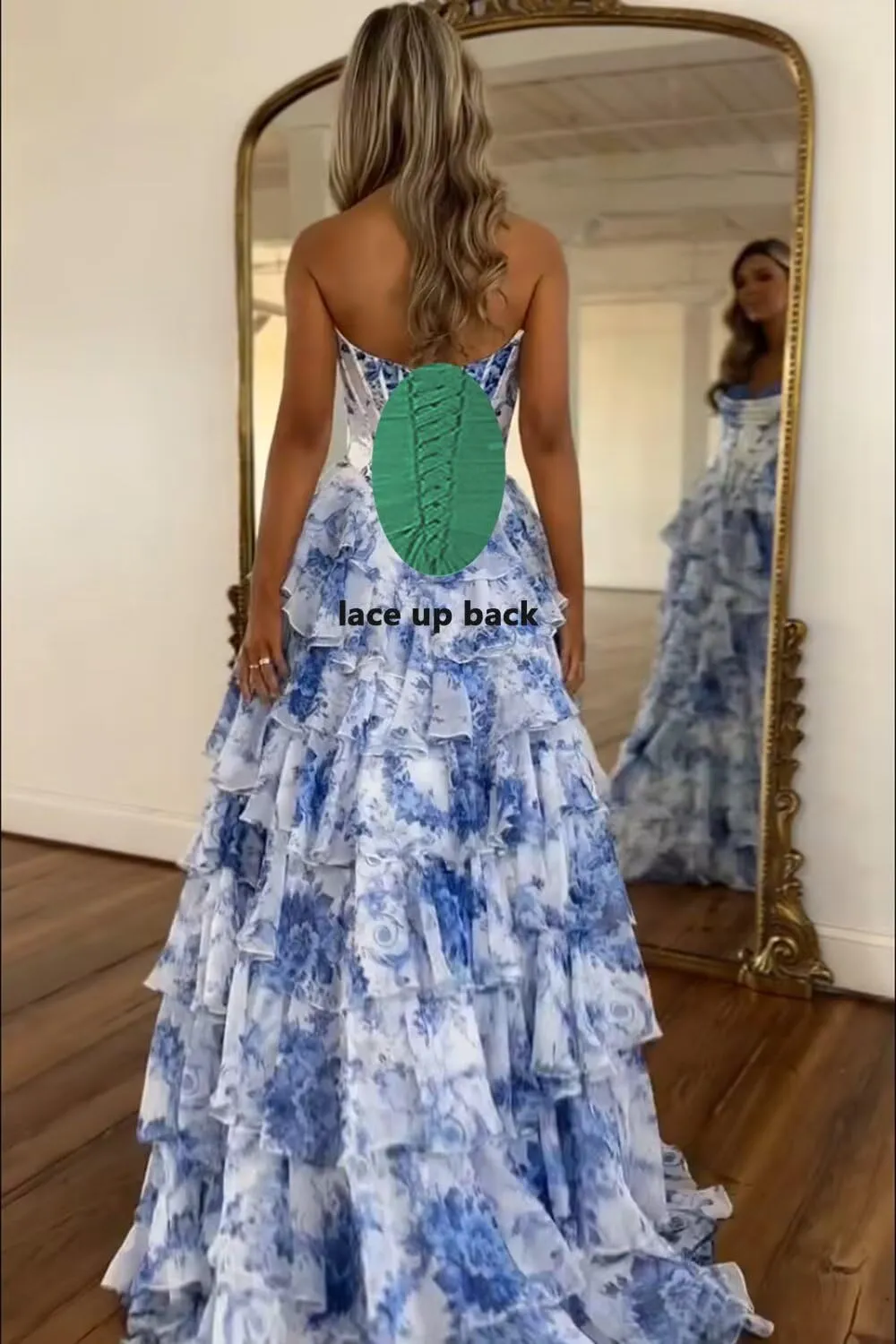 Yuxin Tiered Floral Print Prom Dresses Long Ball Gown Strapless A Line Formal Evening Party Gowns with Slit