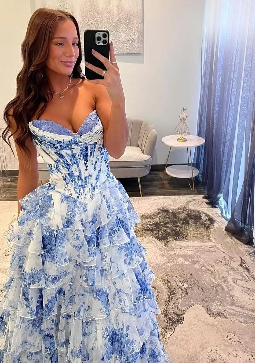 Yuxin Tiered Floral Print Prom Dresses Long Ball Gown Strapless A Line Formal Evening Party Gowns with Slit