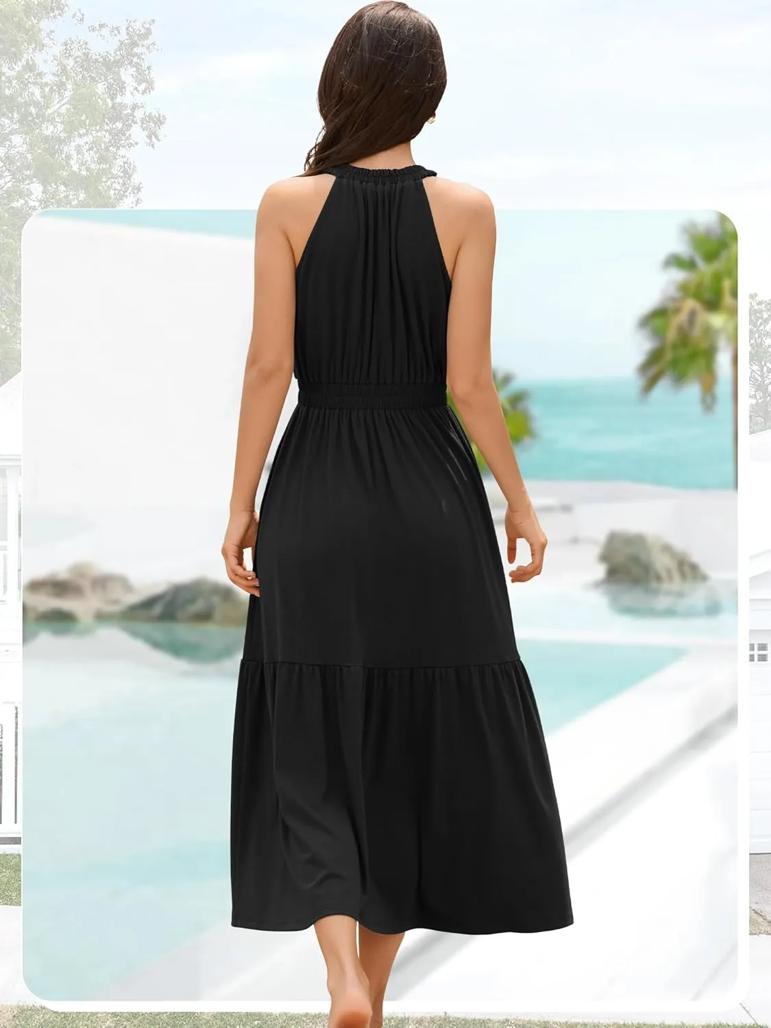 ZAFUL Women's 2025 Summer Casual Midi Dress Sleeveless Adjustable V Neck Elastic Waist Smocked Ruffle Tiered Maxi Dresses