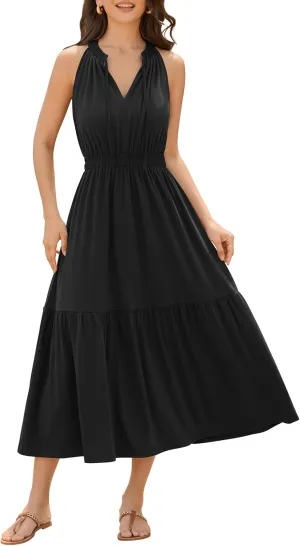 ZAFUL Women's 2025 Summer Casual Midi Dress Sleeveless Adjustable V Neck Elastic Waist Smocked Ruffle Tiered Maxi Dresses