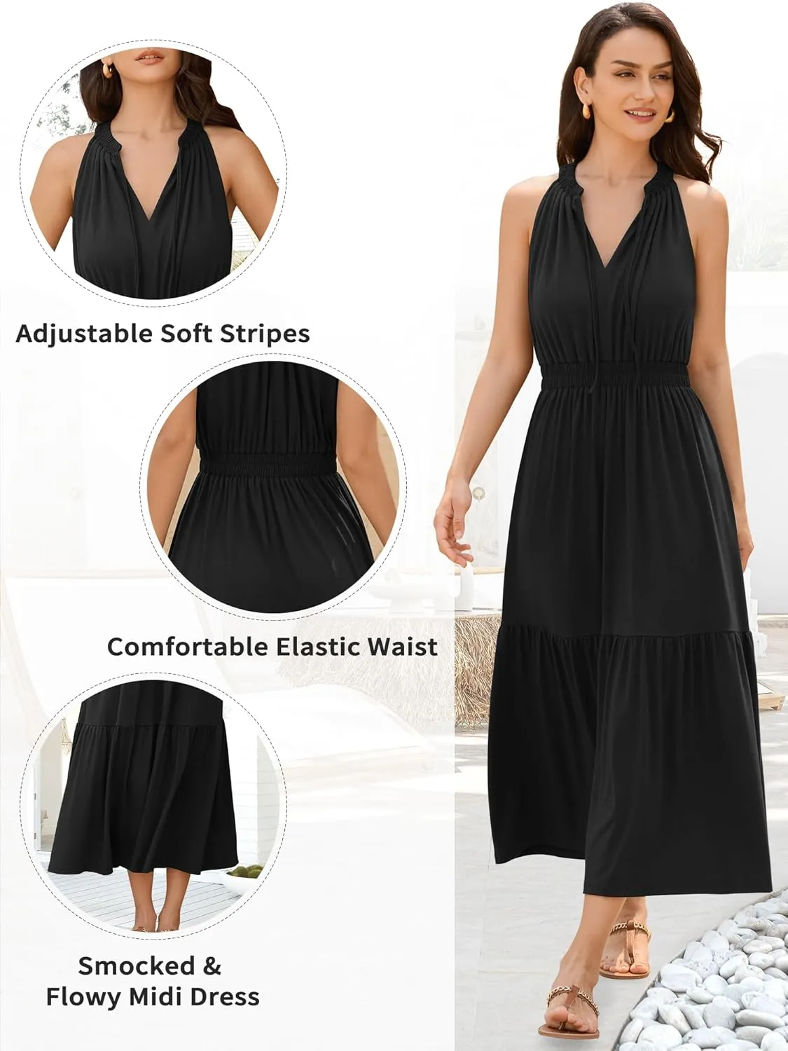 ZAFUL Women's 2025 Summer Casual Midi Dress Sleeveless Adjustable V Neck Elastic Waist Smocked Ruffle Tiered Maxi Dresses