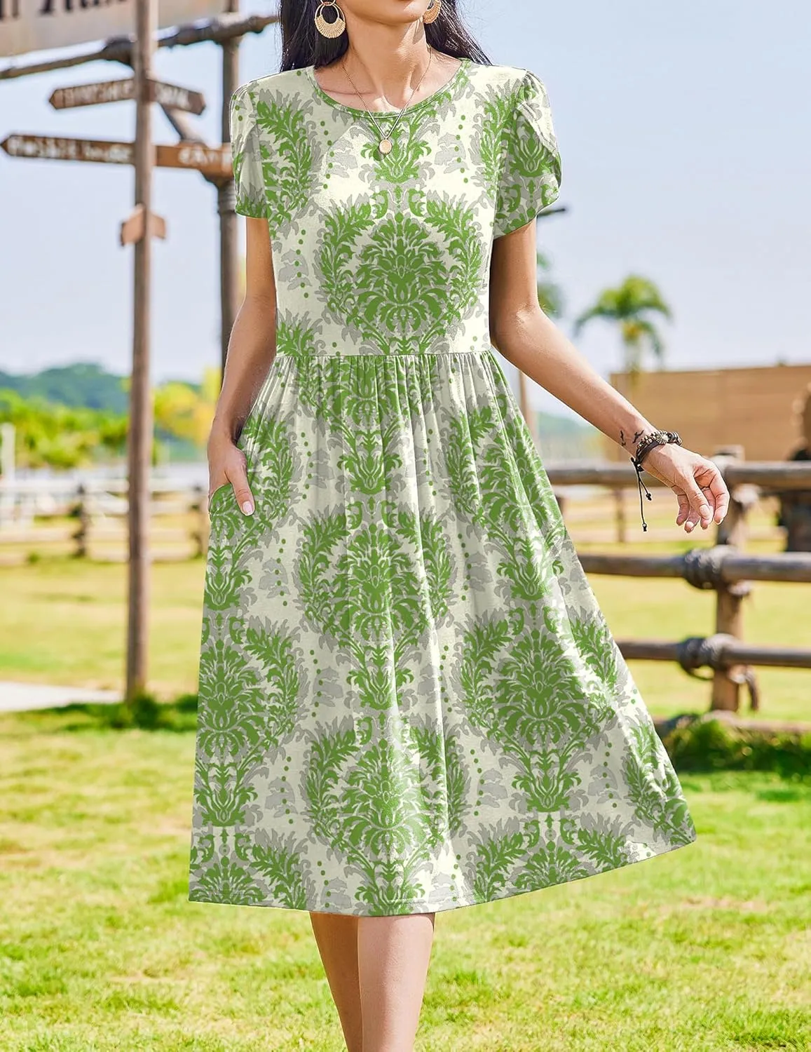 Zeagoo Women Summer Short Sleeve Midi Dress with Pockets Casual Aline Flowy Tshirt Dress Floral Vocation Beach Sundress