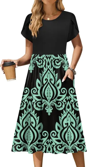 Zeagoo Women Summer Short Sleeve Midi Dress with Pockets Casual Aline Flowy Tshirt Dress Floral Vocation Beach Sundress