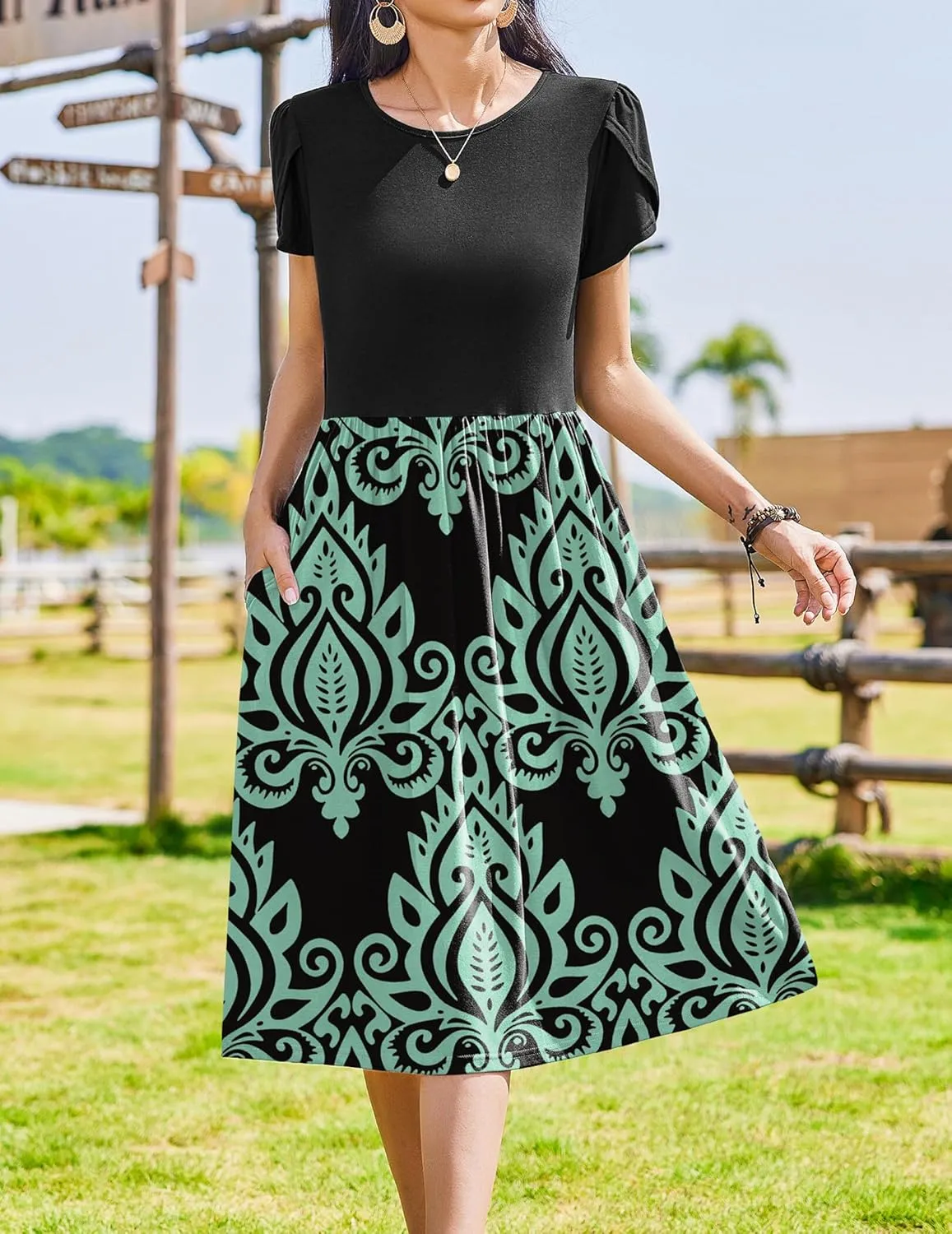 Zeagoo Women Summer Short Sleeve Midi Dress with Pockets Casual Aline Flowy Tshirt Dress Floral Vocation Beach Sundress