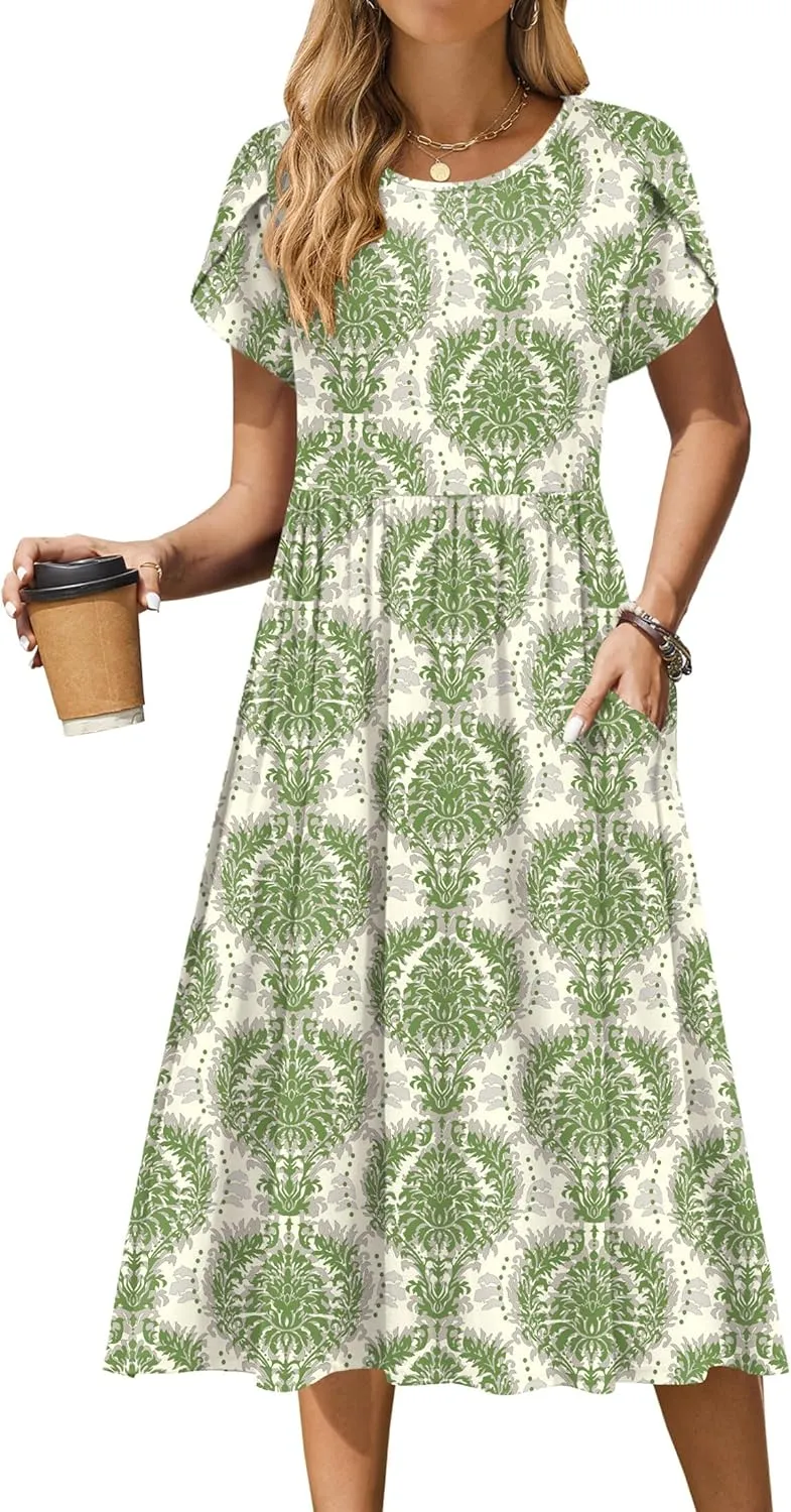 Zeagoo Women Summer Short Sleeve Midi Dress with Pockets Casual Aline Flowy Tshirt Dress Floral Vocation Beach Sundress