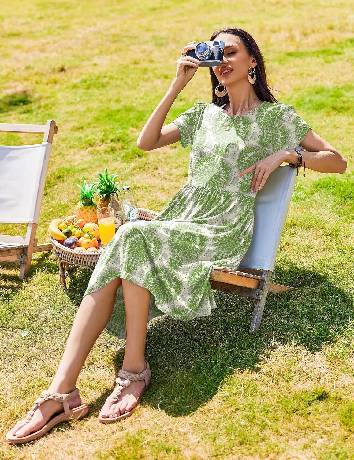 Zeagoo Women Summer Short Sleeve Midi Dress with Pockets Casual Aline Flowy Tshirt Dress Floral Vocation Beach Sundress