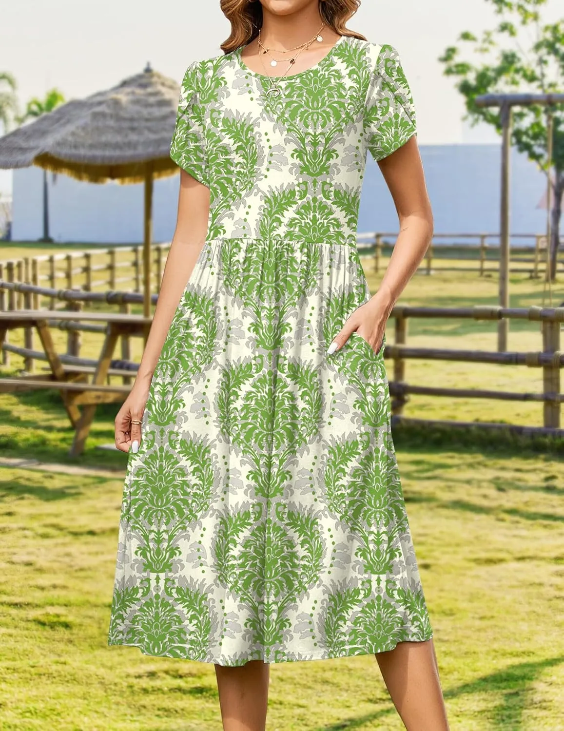 Zeagoo Women Summer Short Sleeve Midi Dress with Pockets Casual Aline Flowy Tshirt Dress Floral Vocation Beach Sundress