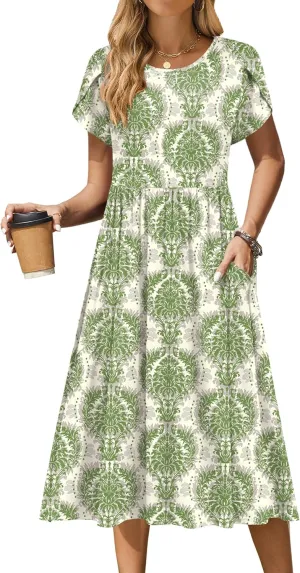 Zeagoo Women Summer Short Sleeve Midi Dress with Pockets Casual Aline Flowy Tshirt Dress Floral Vocation Beach Sundress