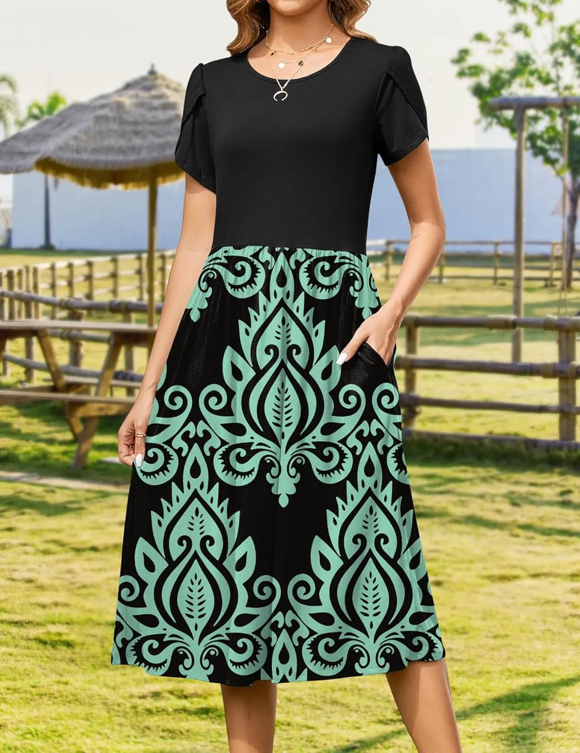 Zeagoo Women Summer Short Sleeve Midi Dress with Pockets Casual Aline Flowy Tshirt Dress Floral Vocation Beach Sundress