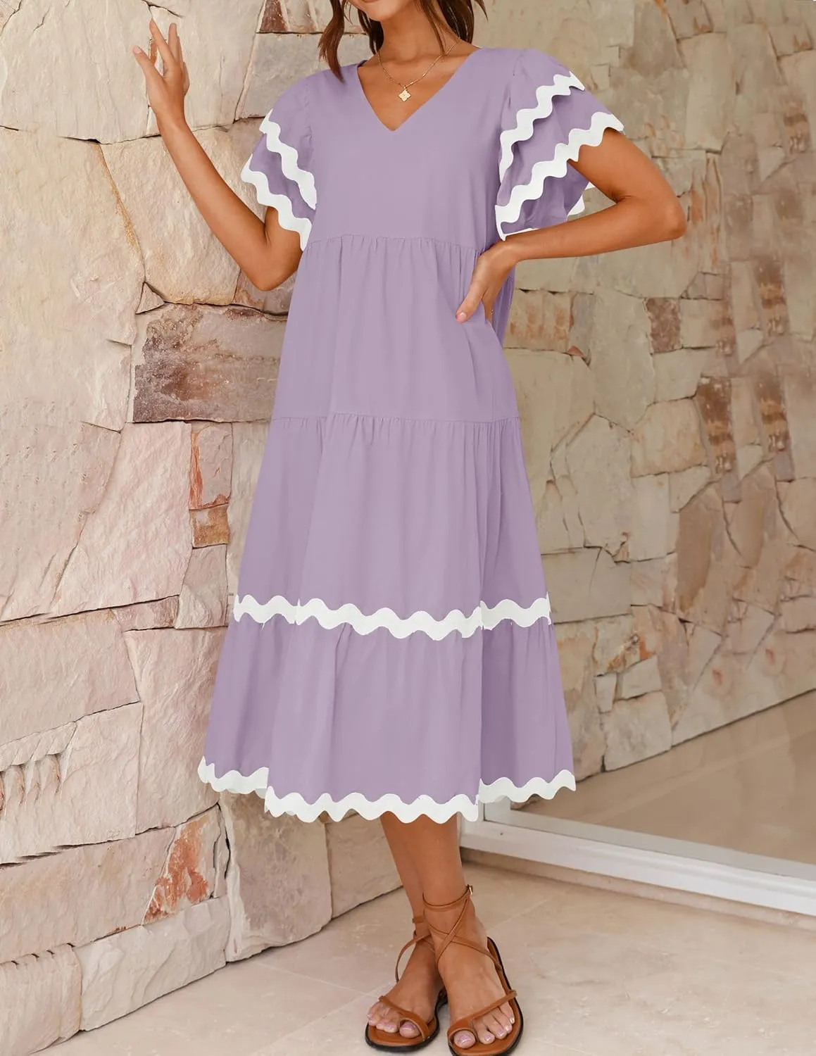 ZESICA Womens 2025 Summer Casual Midi Dresses V Neck Flutter Short Sleeve Ruffle Tiered A Line Flowy Beach Long Dress