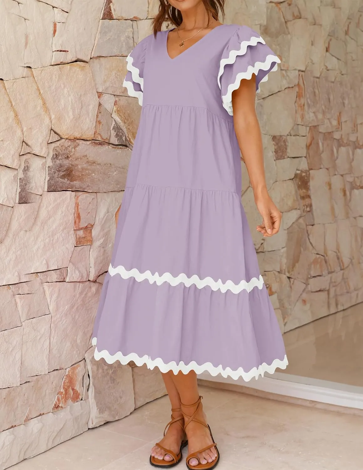 ZESICA Womens 2025 Summer Casual Midi Dresses V Neck Flutter Short Sleeve Ruffle Tiered A Line Flowy Beach Long Dress