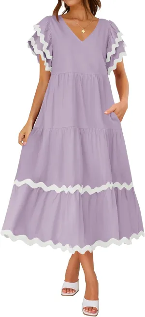 ZESICA Womens 2025 Summer Casual Midi Dresses V Neck Flutter Short Sleeve Ruffle Tiered A Line Flowy Beach Long Dress