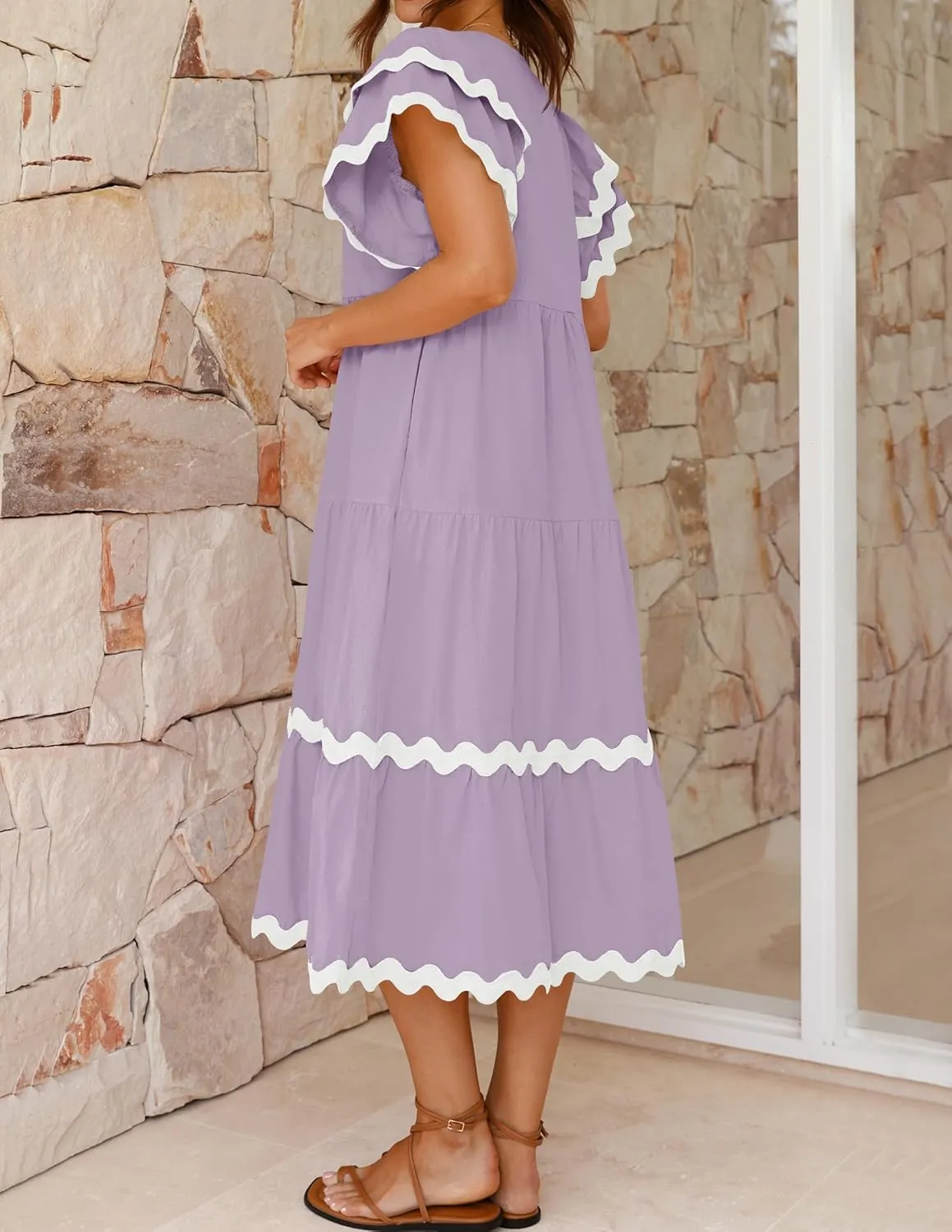 ZESICA Womens 2025 Summer Casual Midi Dresses V Neck Flutter Short Sleeve Ruffle Tiered A Line Flowy Beach Long Dress