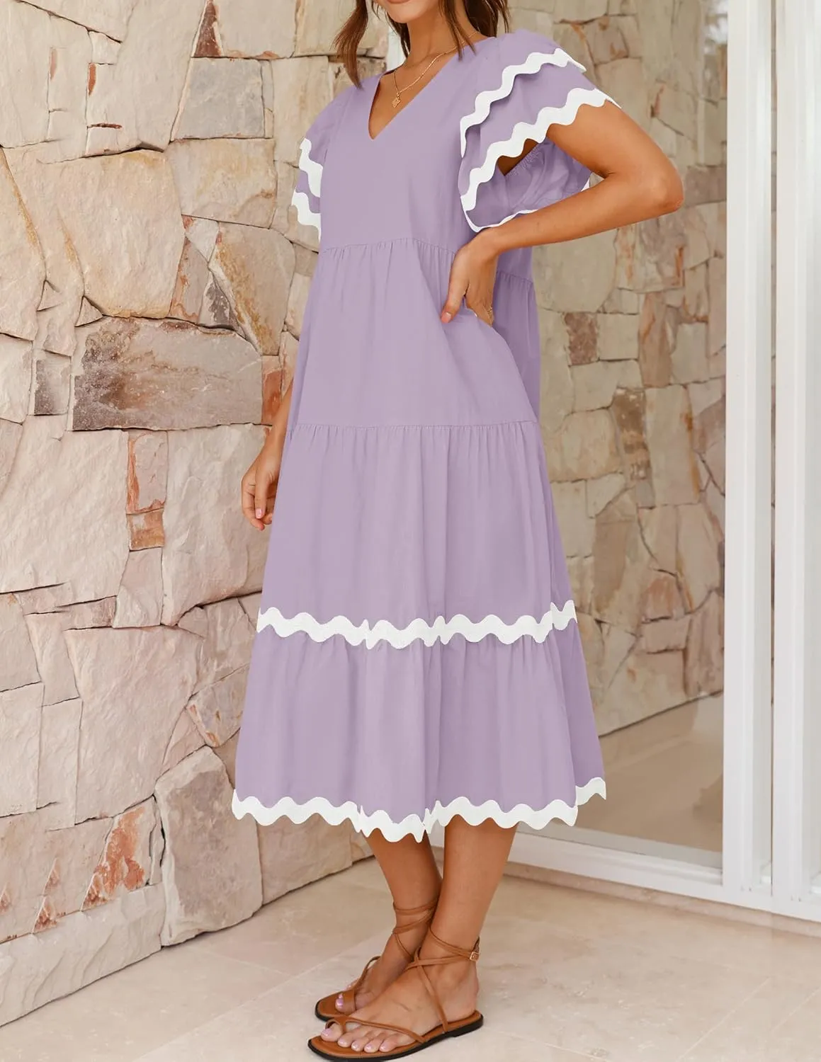 ZESICA Womens 2025 Summer Casual Midi Dresses V Neck Flutter Short Sleeve Ruffle Tiered A Line Flowy Beach Long Dress