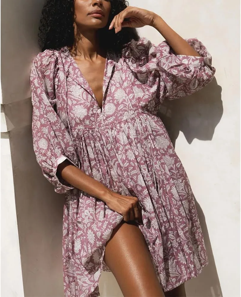 ZOCAVIA Women's Summer Flowy Beach Dresses Loose Floral Print V Neck Lantern Sleeve Boho Dress Ruffle Ruched Mini Dress