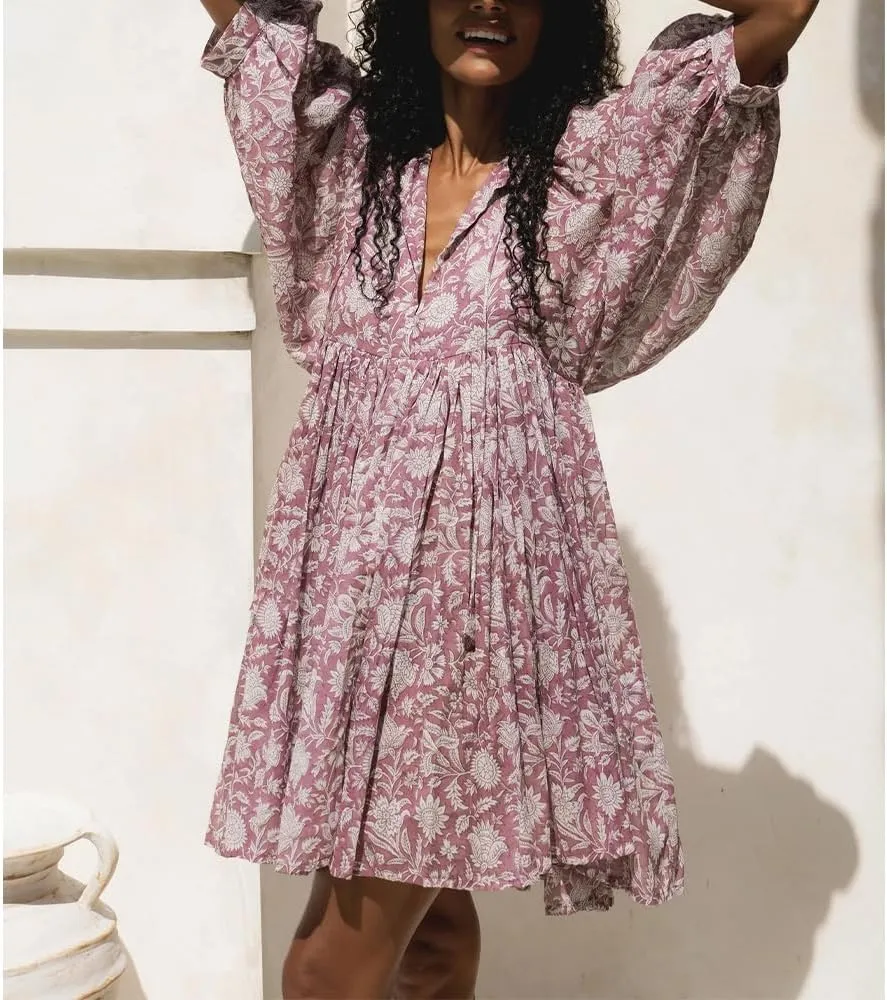 ZOCAVIA Women's Summer Flowy Beach Dresses Loose Floral Print V Neck Lantern Sleeve Boho Dress Ruffle Ruched Mini Dress