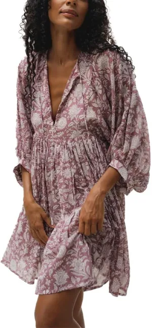 ZOCAVIA Women's Summer Flowy Beach Dresses Loose Floral Print V Neck Lantern Sleeve Boho Dress Ruffle Ruched Mini Dress