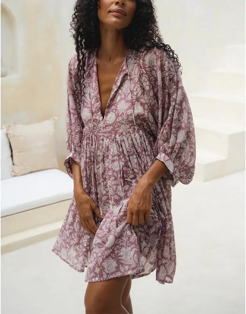 ZOCAVIA Women's Summer Flowy Beach Dresses Loose Floral Print V Neck Lantern Sleeve Boho Dress Ruffle Ruched Mini Dress