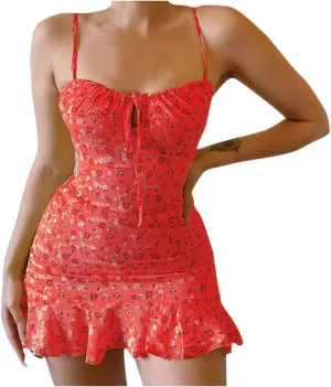 ZYXTIM Women's Summer Ditsy Floral Mini Dress Spaghetti Strap Scroop Neck Slim Fit Swing Dress Plus Size Cami Tropical Dress
