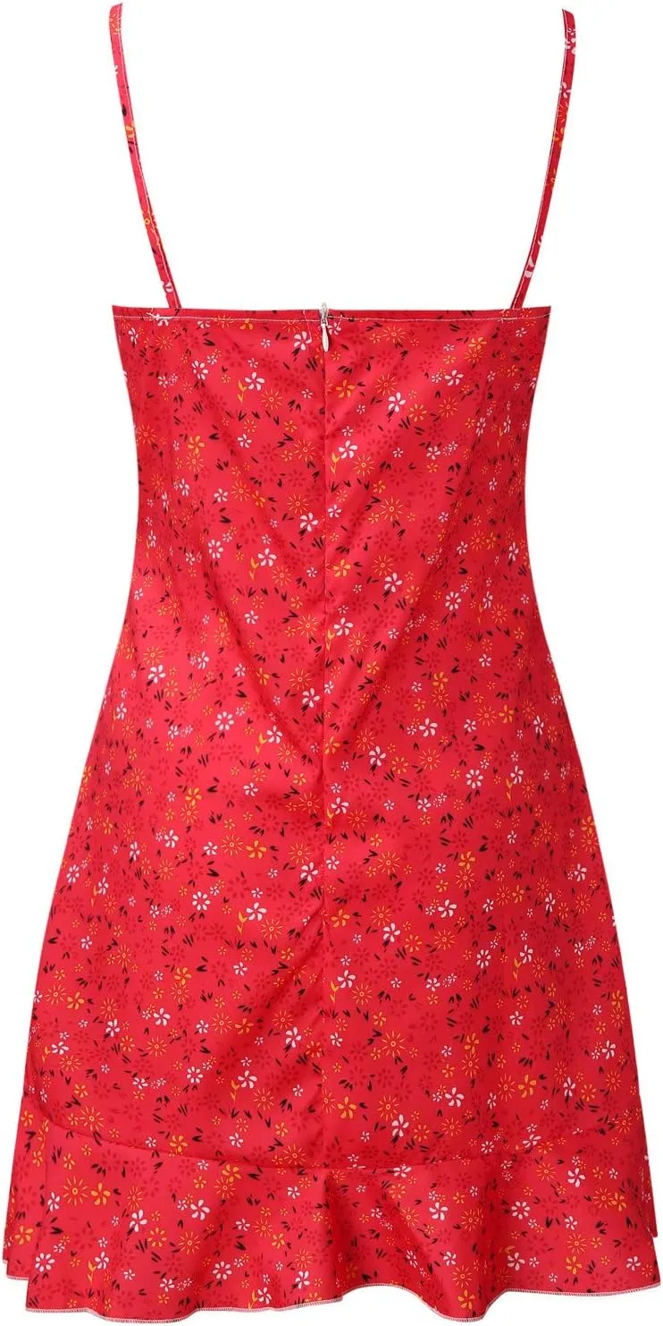 ZYXTIM Women's Summer Ditsy Floral Mini Dress Spaghetti Strap Scroop Neck Slim Fit Swing Dress Plus Size Cami Tropical Dress