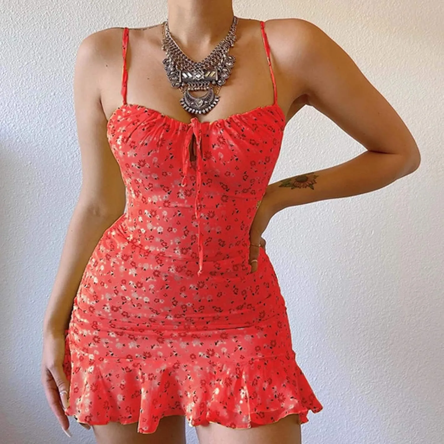 ZYXTIM Women's Summer Ditsy Floral Mini Dress Spaghetti Strap Scroop Neck Slim Fit Swing Dress Plus Size Cami Tropical Dress